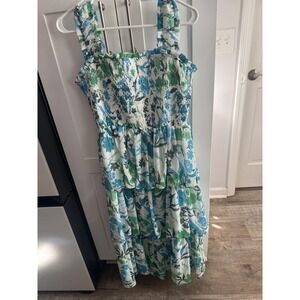 Peter Som Collective Floral Smocked Tiered Midi Dress Blue Green Womens 10